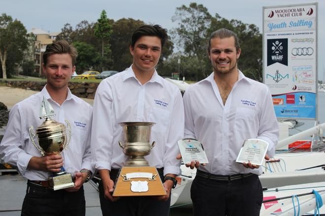 Sunshine Coast Sailing Team's Ben Vercoe, James Hodgson and Fergus Gillanders showing off their  silverware from the 2016 Queensland Match Racing Championships held at Mooloolaba in September.  - Sharp Australian Youth Match Racing Championship 2016 © Tracey Johnstone
